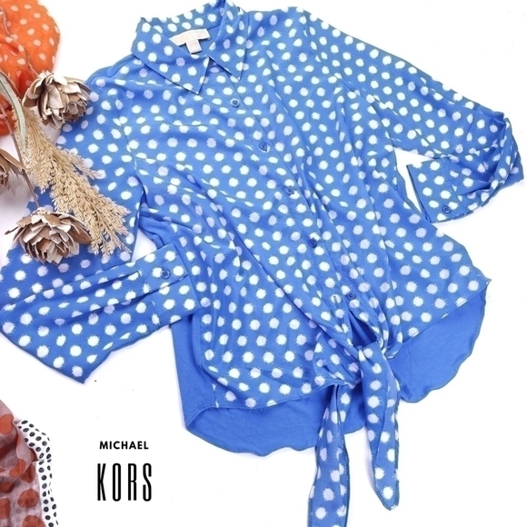 Michael Kors Baby Blue Dotted Button Down Top Sz M - Picture 1 of 12